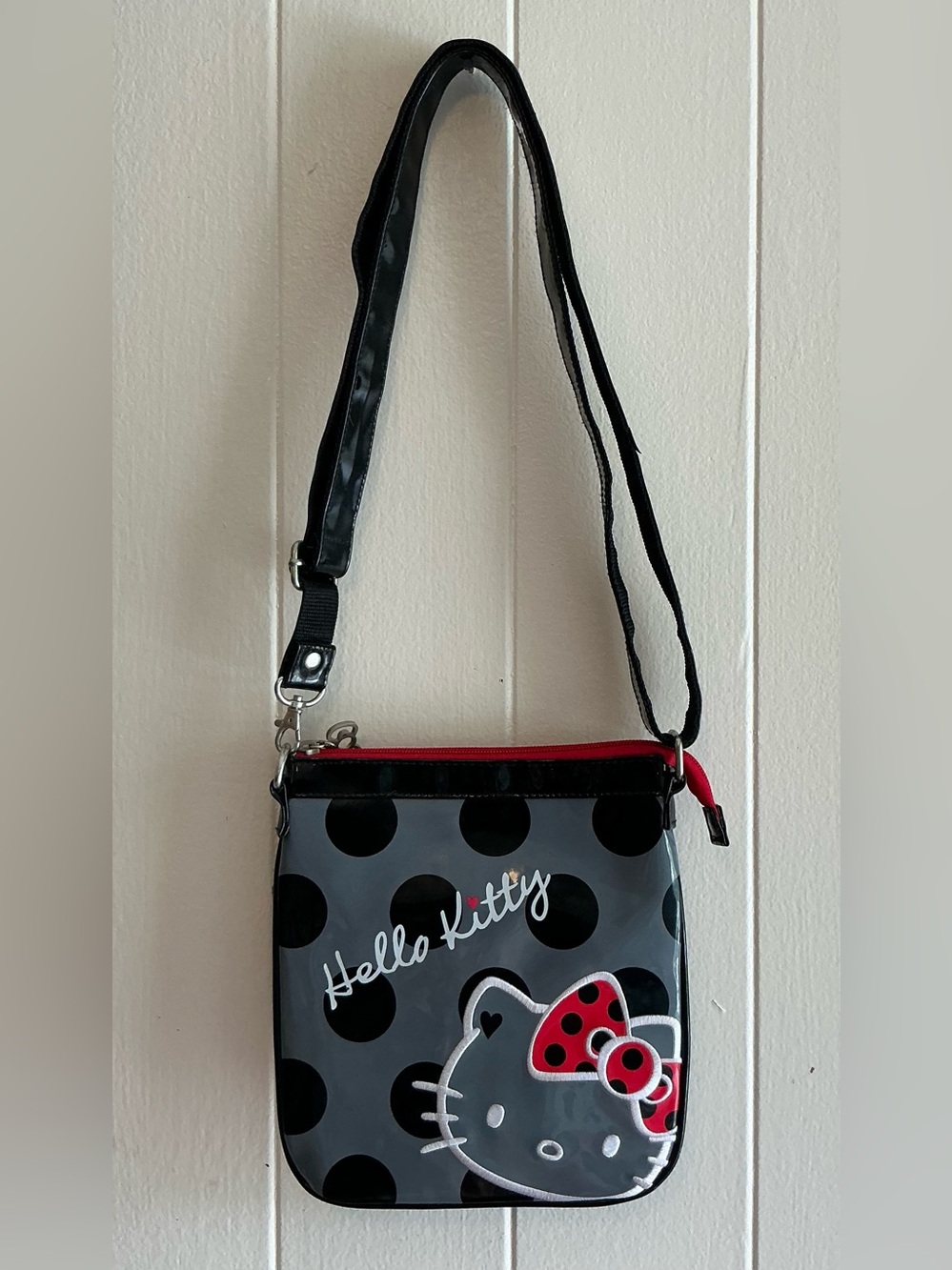 A Rare Vintage Sanrio 2010 Hello Kitty Black Patent Faux Leather Crossbody Bag